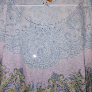 SOLD***Ruby Rd. Light Blue and Green Paisley Blouse 3X PTP 27"